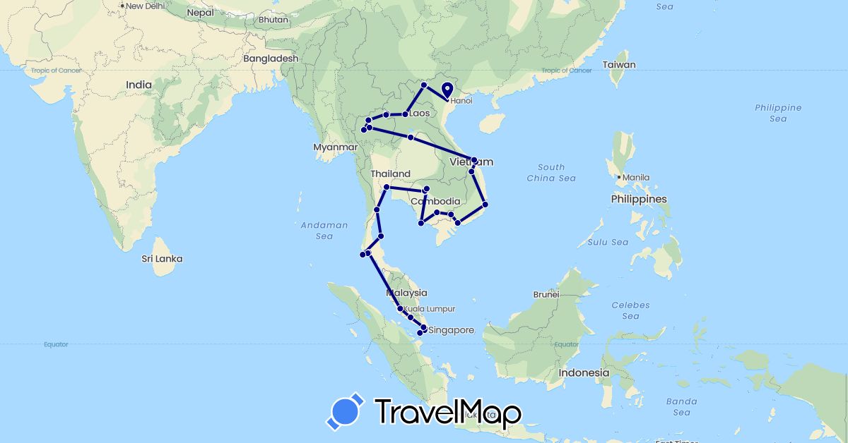 TravelMap itinerary: driving in Indonesia, Cambodia, Laos, Myanmar (Burma), Malaysia, Singapore, Thailand, Vietnam (Asia)